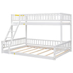 White Twin XL over Queen Bunk Bed with Ladder and Guardrails, Pine Wood+MDF, 84.7''L x 63.7''W x 58.3''H