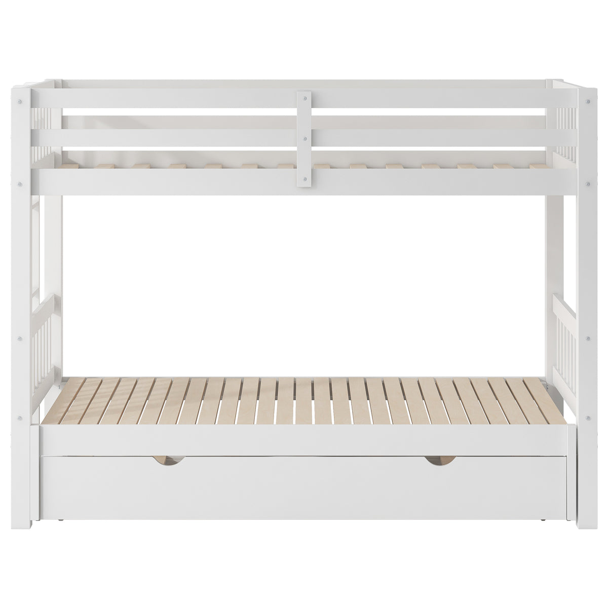White Twin Over Pull-out Bunk Bed with Trundle, Pine Wood and MDF, 78.9''L x 116''W x 59.6''H
