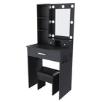 Black Vanity Table with Adjustable LED Mirror, Power Outlet, Hairdryer Holder & Matching Stool – Compact Dressing Desk for Small Bedrooms