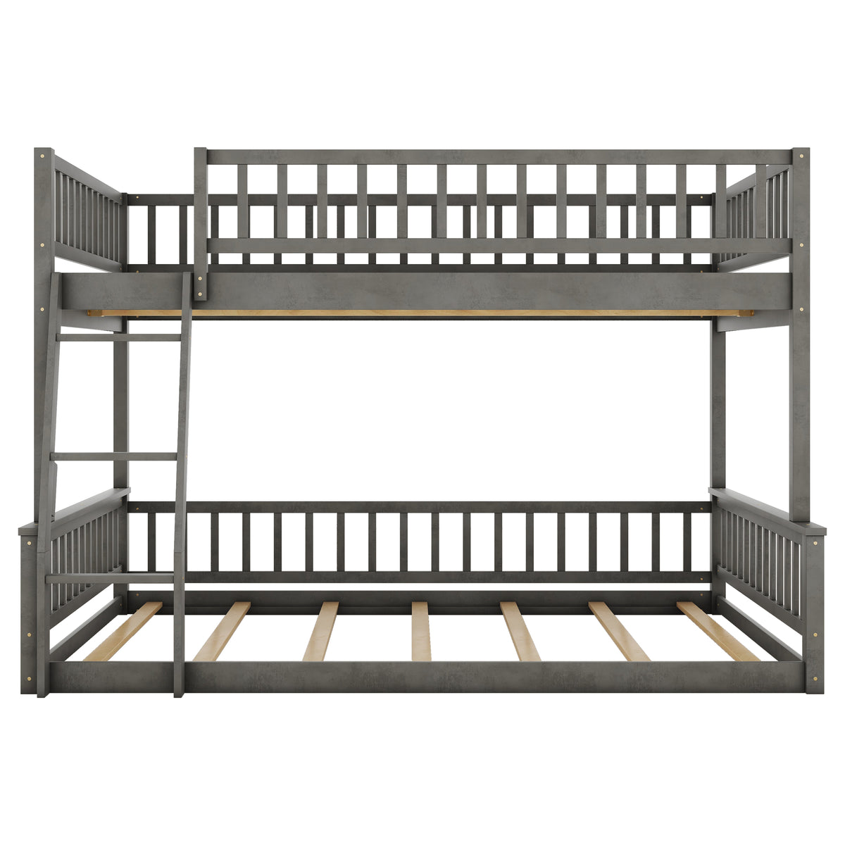Gray Full XL over Queen Bunk Bed with Ladder and Guardrails, Pine Wood+MDF, 84.7''L x 63.7''W x 58.3''H