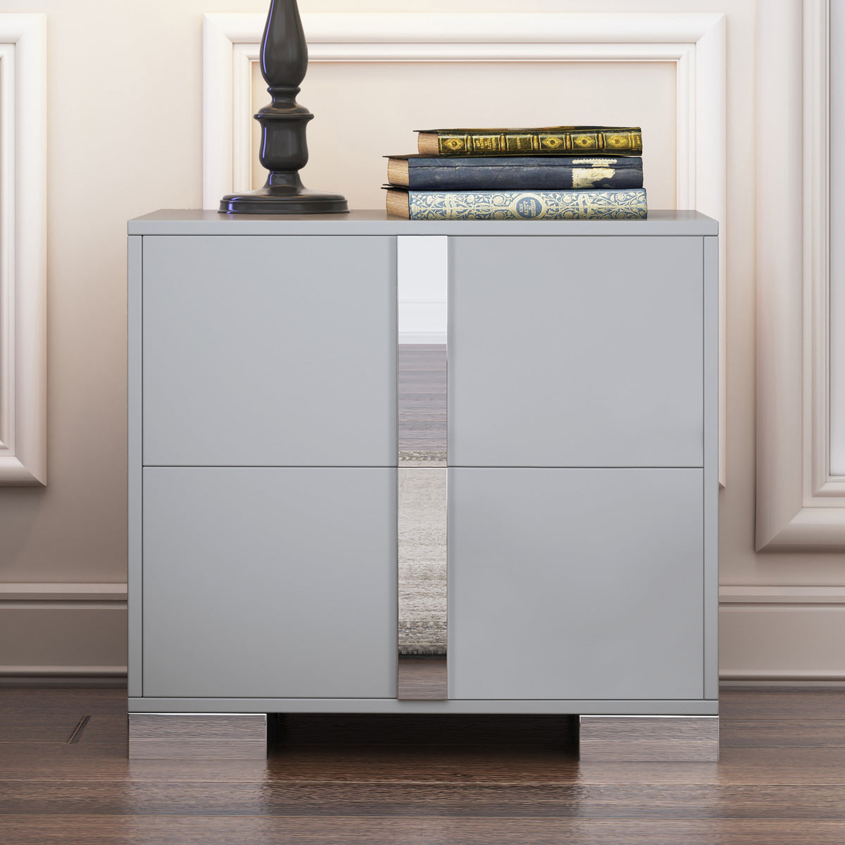 Elegant Nightstand with Metal Foot, Mirrored Bedside Table with 2 Drawers for Bedroom, Living Room, Gray (Old SKU: WF319353AAE)
