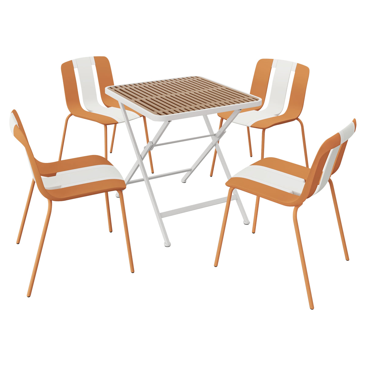 Four-Piece Set of Modern Striped Color-Blocking Single Chairs with Folding Square Table,Beige,Orange/KhakiWhite,20.47*18.9*31.5 (in)/ 27.56*27.56*29.33(in),PP,Metal