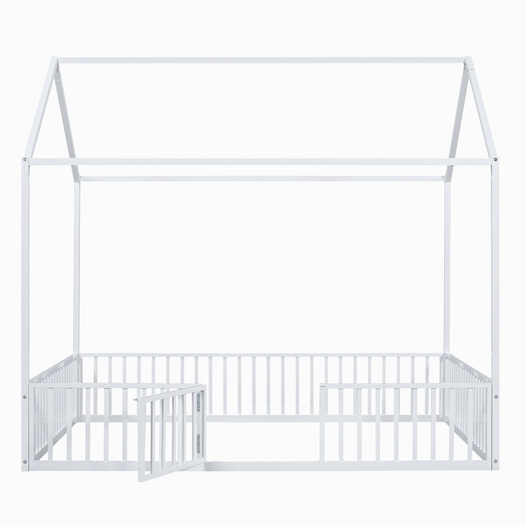 Full Size Metal House Bed with Fence and Door, White, Imaginative Play Space, Metal Frame