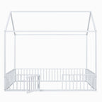 Full Size Metal House Bed with Fence and Door, White, Imaginative Play Space, Metal Frame