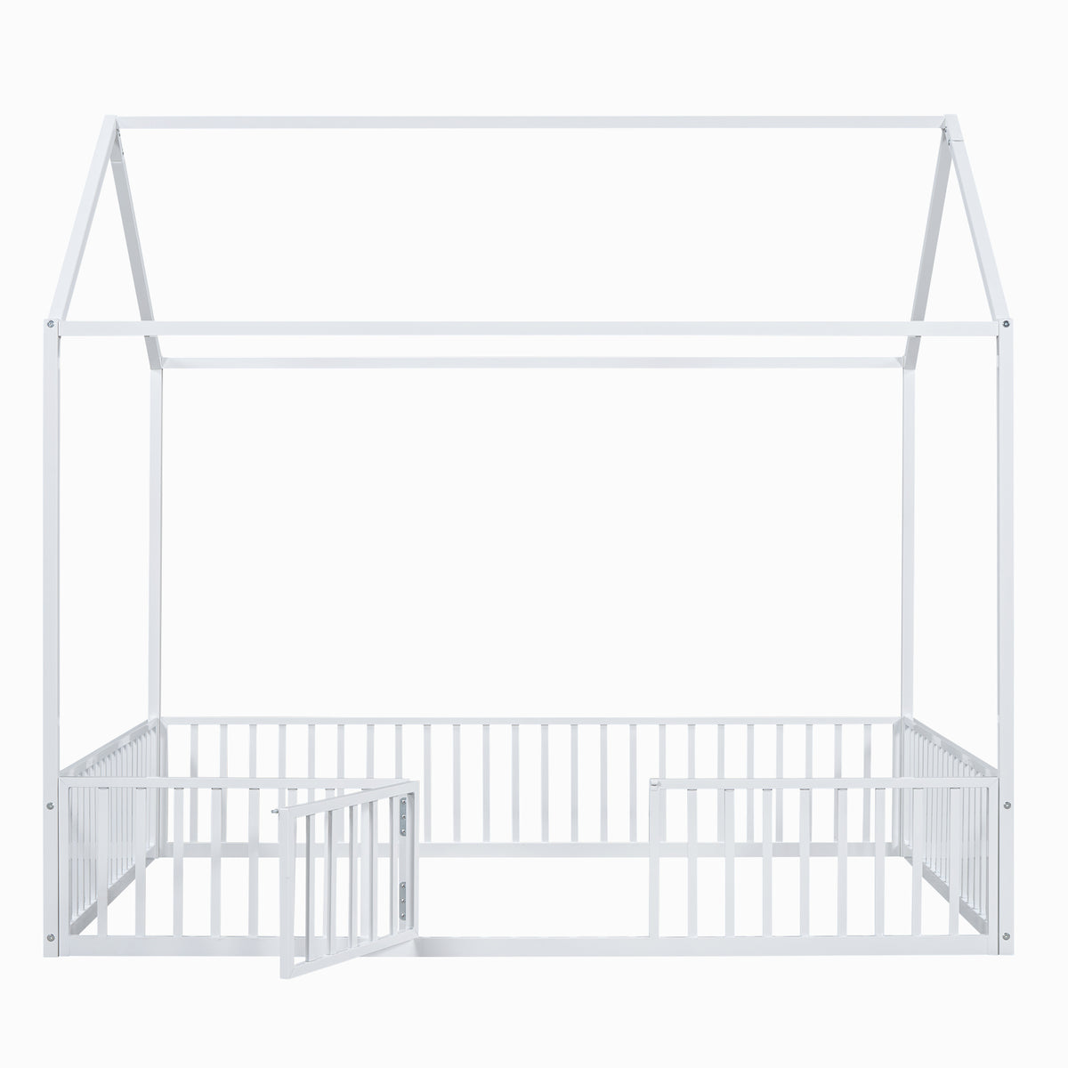 Full Size Metal House Bed with Fence and Door, White, Imaginative Play Space, Metal Frame