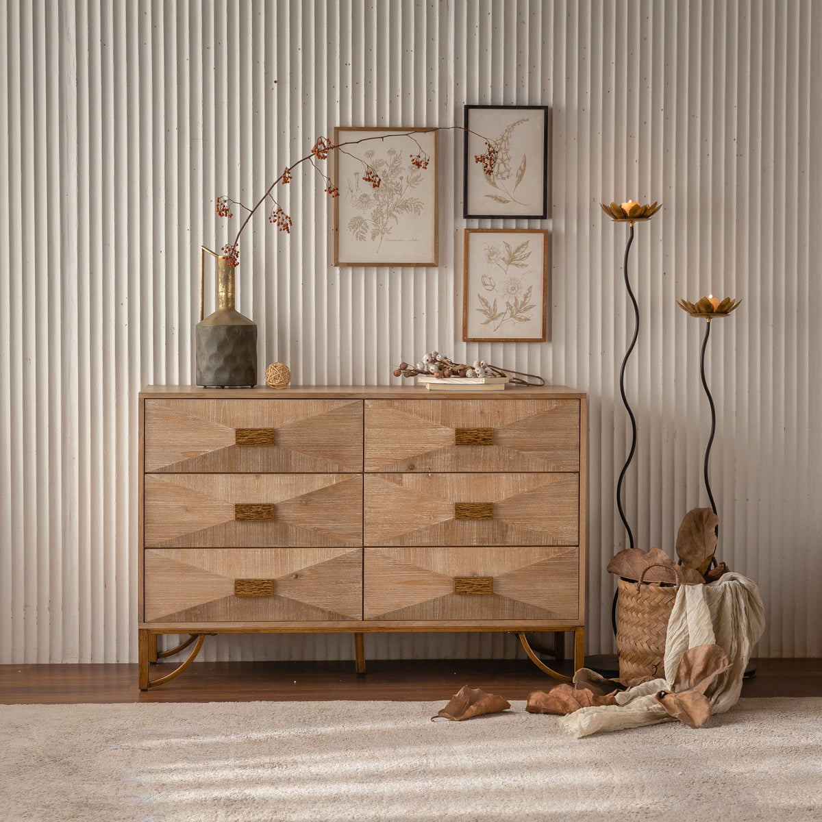 47.24' Light Wood 6-Drawer Dresser - Geometric Relief Chest of Drawers with Gold Metal Legs, Modern Sideboard Console Table for Living Room/Bedroom
