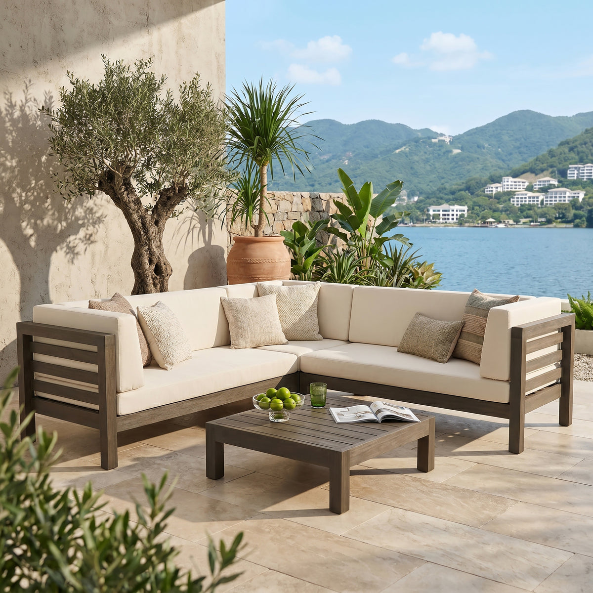 OANA OUTDOOR WOODEN SECTIONAL SET WITH CUSHIONS, WHITE