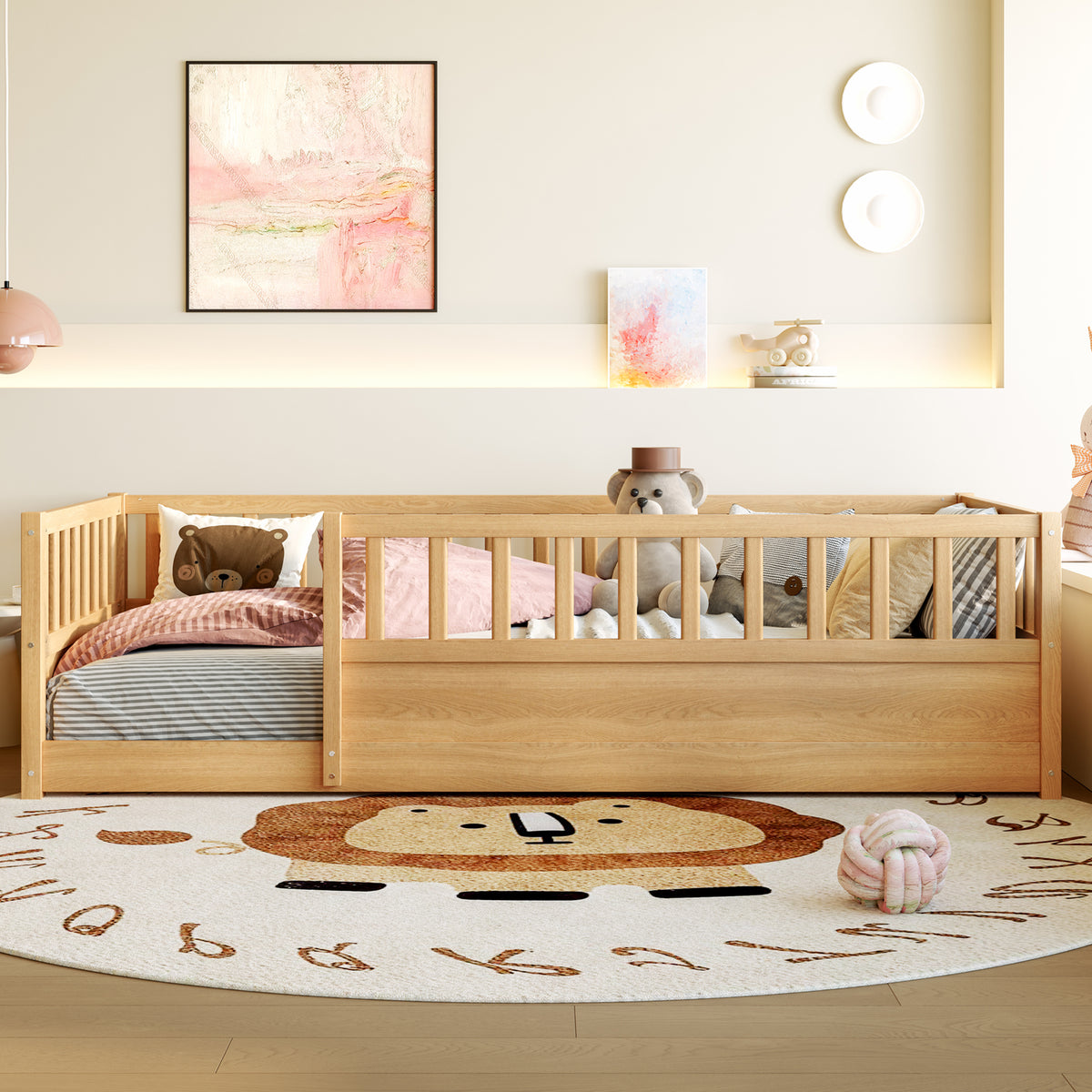 Twin Size Floor bed, integral construction with super high security barrier, door, children's floor bed frame, Montessori wooden children's floor bed, Natural(Patented model)