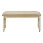 Transitional Bench, 41' Rectangular, Kitchen, Dining Room, Entryway, Bedroom, Upholstered, Antique White Solid Wood, Beige Linen-look Fabric