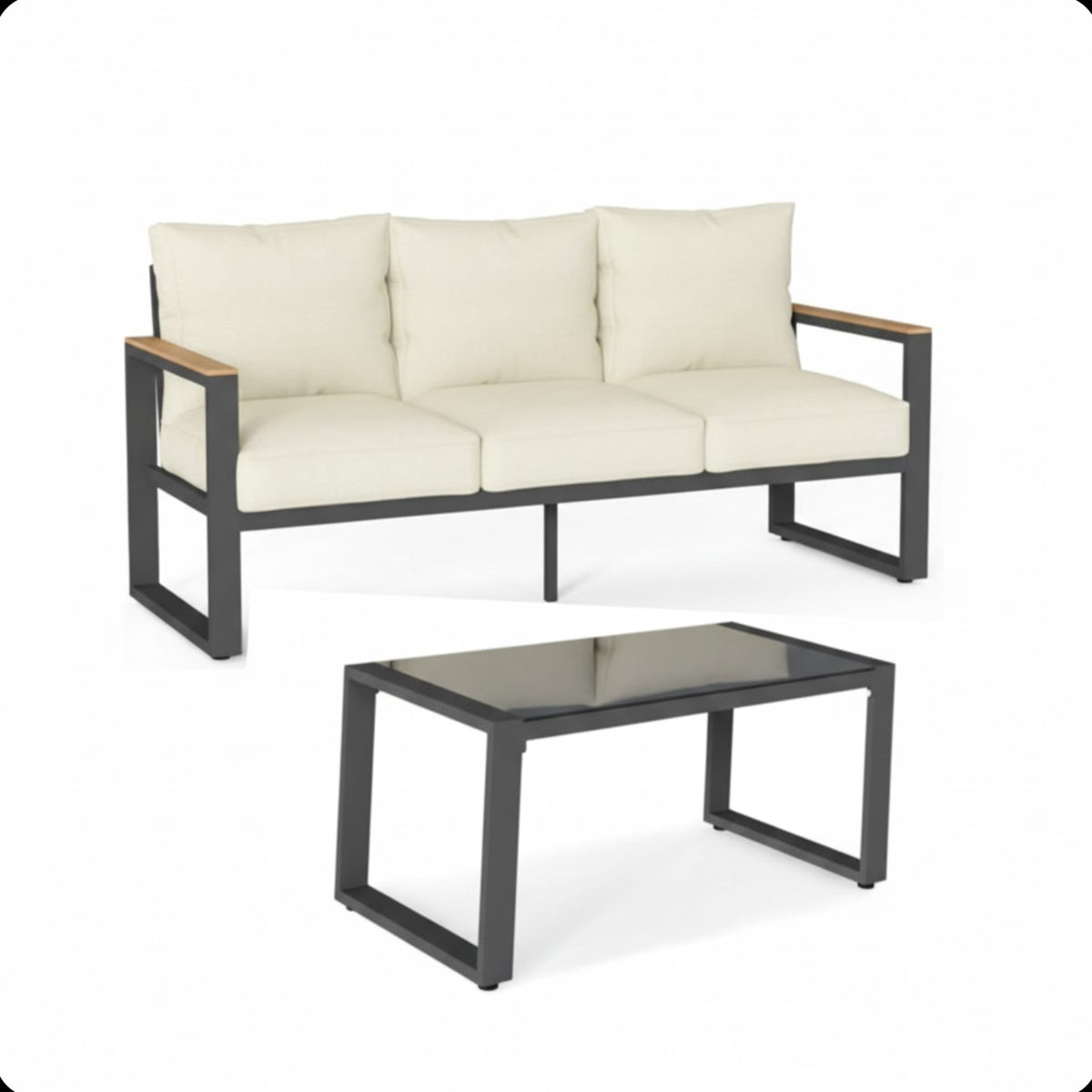 Modern 2-Piece Outdoor Sofa Set with 3-Seat Aluminum Frame, Beige Polyester Cushions & Glass Coffee Table in Beige+Black