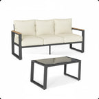 Modern 2-Piece Outdoor Sofa Set with 3-Seat Aluminum Frame, Beige Polyester Cushions & Glass Coffee Table in Beige+Black