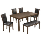 6-Piece Dining Table Set with Bench and Chairs, Wooden dining table set for 6 people, Farmhouse Rustic Style 6 Person Dining Table Set for Dining Room, Kitchen, Dark Walnut