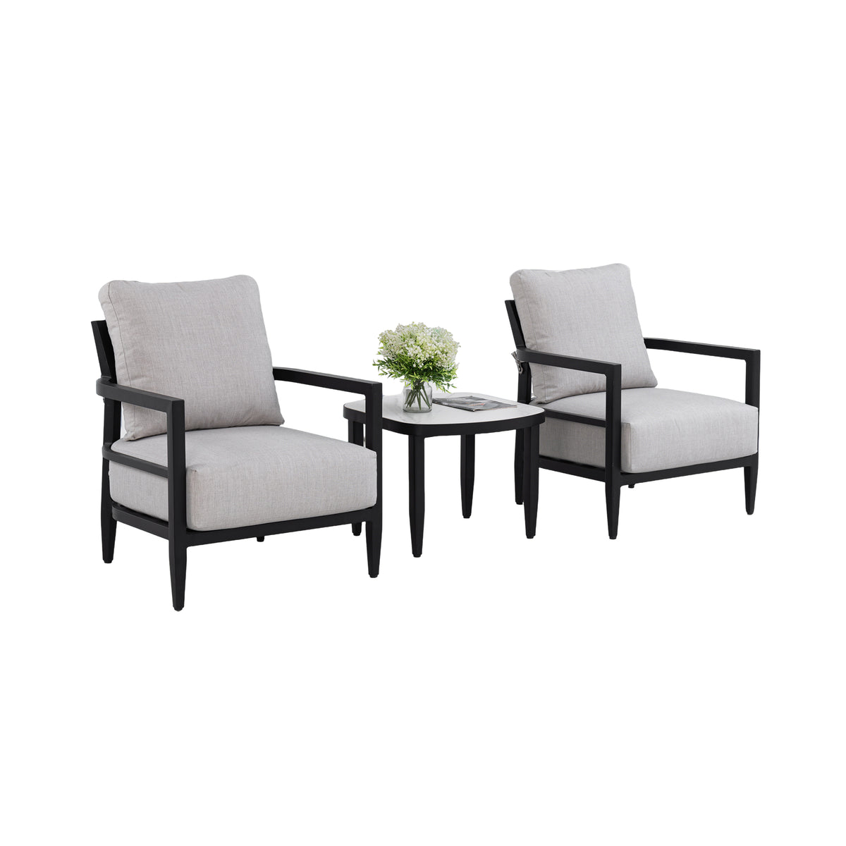 3PC Outdoor Aluminum Patio Furniture, Modern Fully Weld Club Chair Chat Set, Sunbrella Cushions and Elegance Arc 23.6'' Side Table with Greek White Marble-Inspired Sintered Stone Top, Ember Black