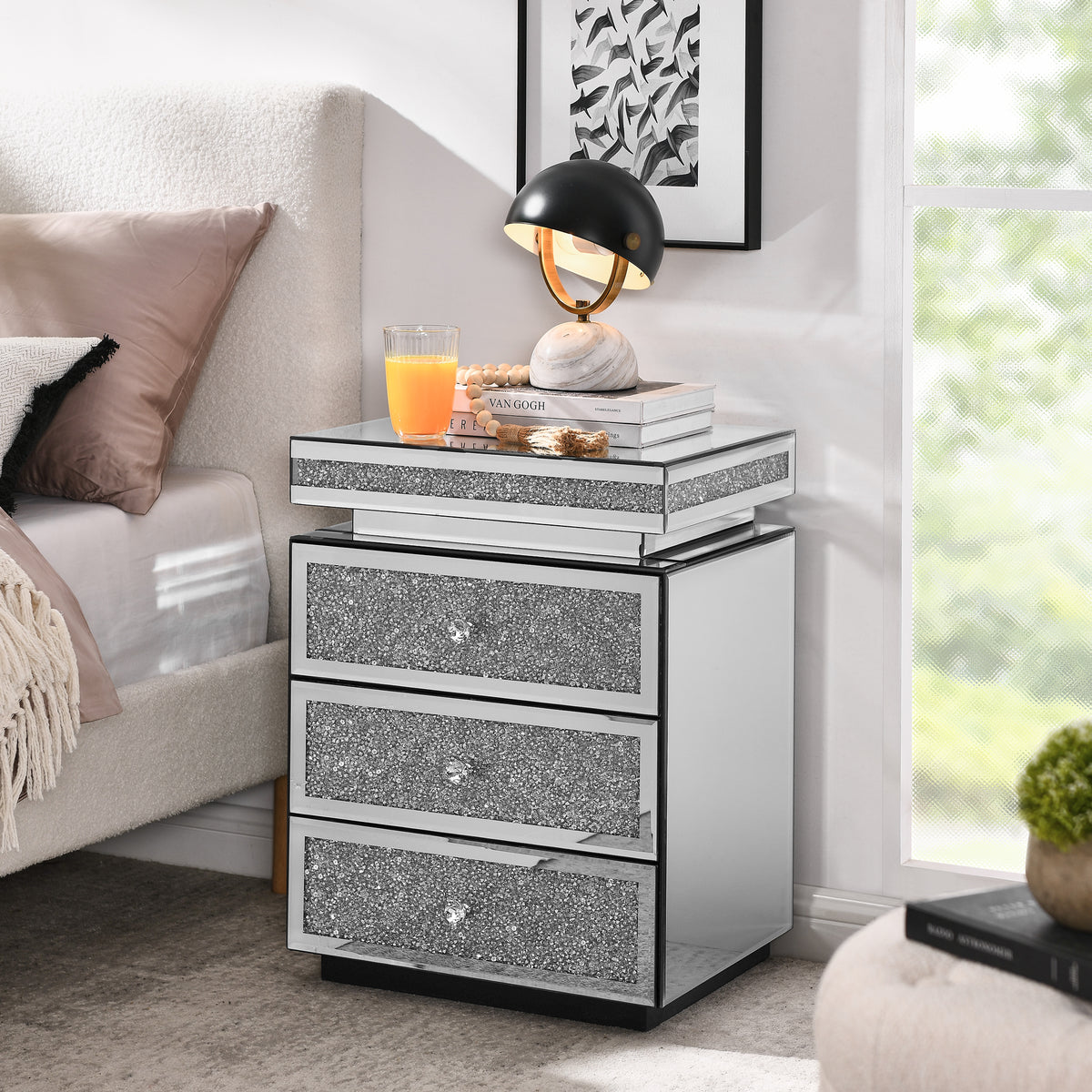 Mirrored Nightstand with 3 Drawers, Silver Nightstand with Crystal Inlay, Mirror End Table, Modern Bedside Table, Glass Table for Bedroom, 13.8''W x 17.7' L x 23.6' H