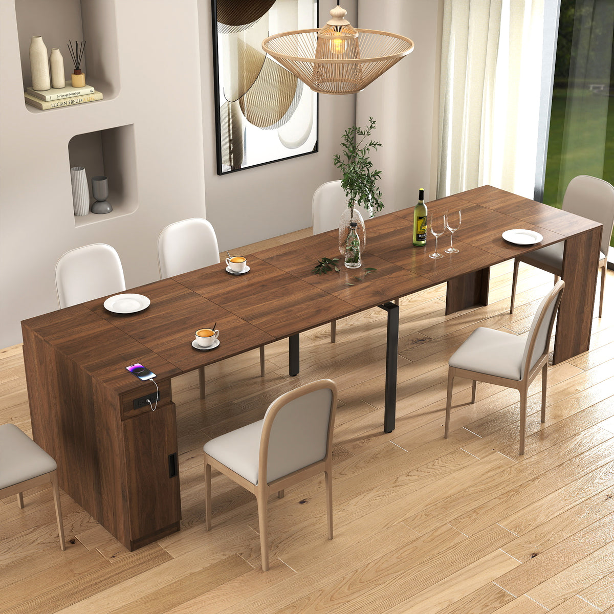 Modern Multifunctional Extendable Dining Table with Outlet, Space Saving Expanding Table with Storage for Party, Weddings, Meetings, Celebrations