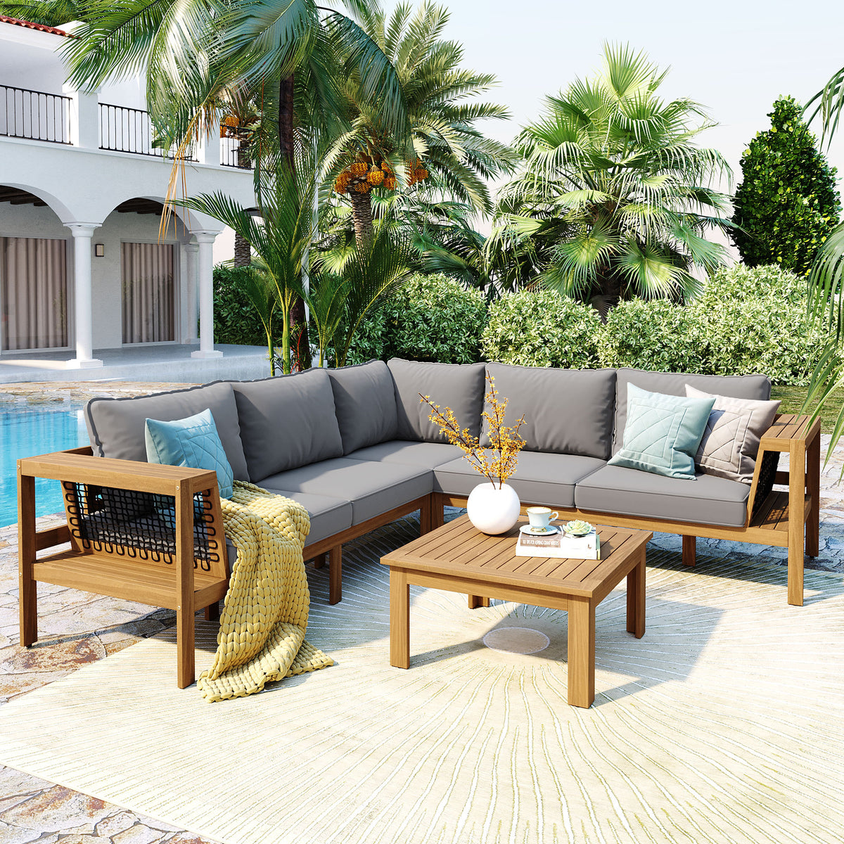 4 Pieces Outdoor Acacia Wood Sofa Set, Woven Mesh Armrests, L-Shaped Patio Furniture Sofa Set with Coffee Table, Outdoor Conversation Set with Gray Cushions and Side Table