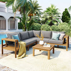 4 Pieces Outdoor Acacia Wood Sofa Set, Woven Mesh Armrests, L-Shaped Patio Furniture Sofa Set with Coffee Table, Outdoor Conversation Set with Gray Cushions and Side Table