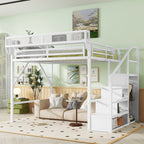 Queen Size Loft Bed with Stairs, Metal Queen Loft Bed with Storage Shelves, High Loft Bed with Wardrobe for Kids Teens, White, Patent Products