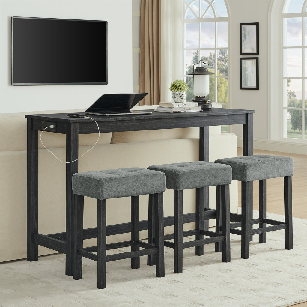 59 Inch Bar Table, Dining Table, Sofa Table with Power Outlet, 3 Upholstered Stools, 4 Piece Bar Table and Chair Set for Living Room, Dining Room, Kitchen