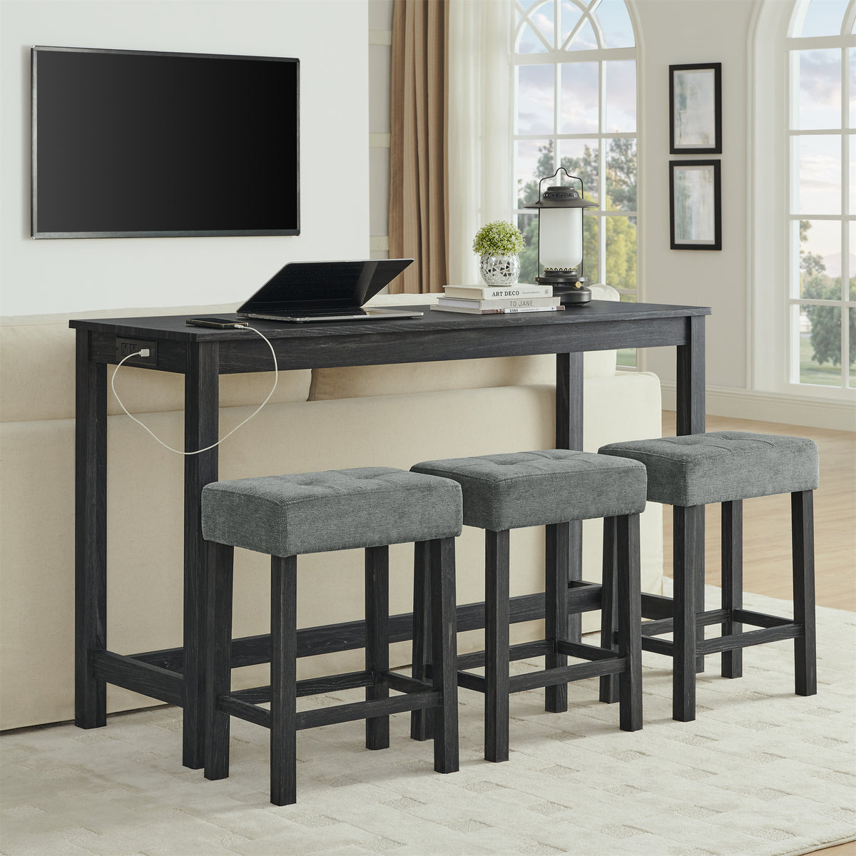 59 Inch Bar Table, Dining Table, Sofa Table with Power Outlet, 3 Upholstered Stools, 4 Piece Bar Table and Chair Set for Living Room, Dining Room, Kitchen