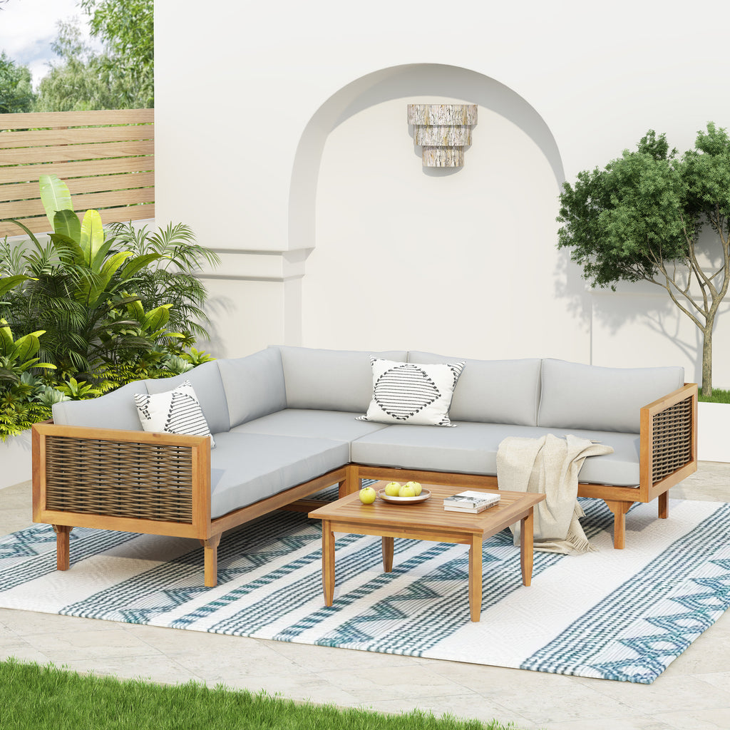 SECTIONAL SEATING GROUP WITH WATERPROOF CUSHIONS - PREMIUM OUTDOOR SOFA SET(LIGHT GRAY CUSHION)