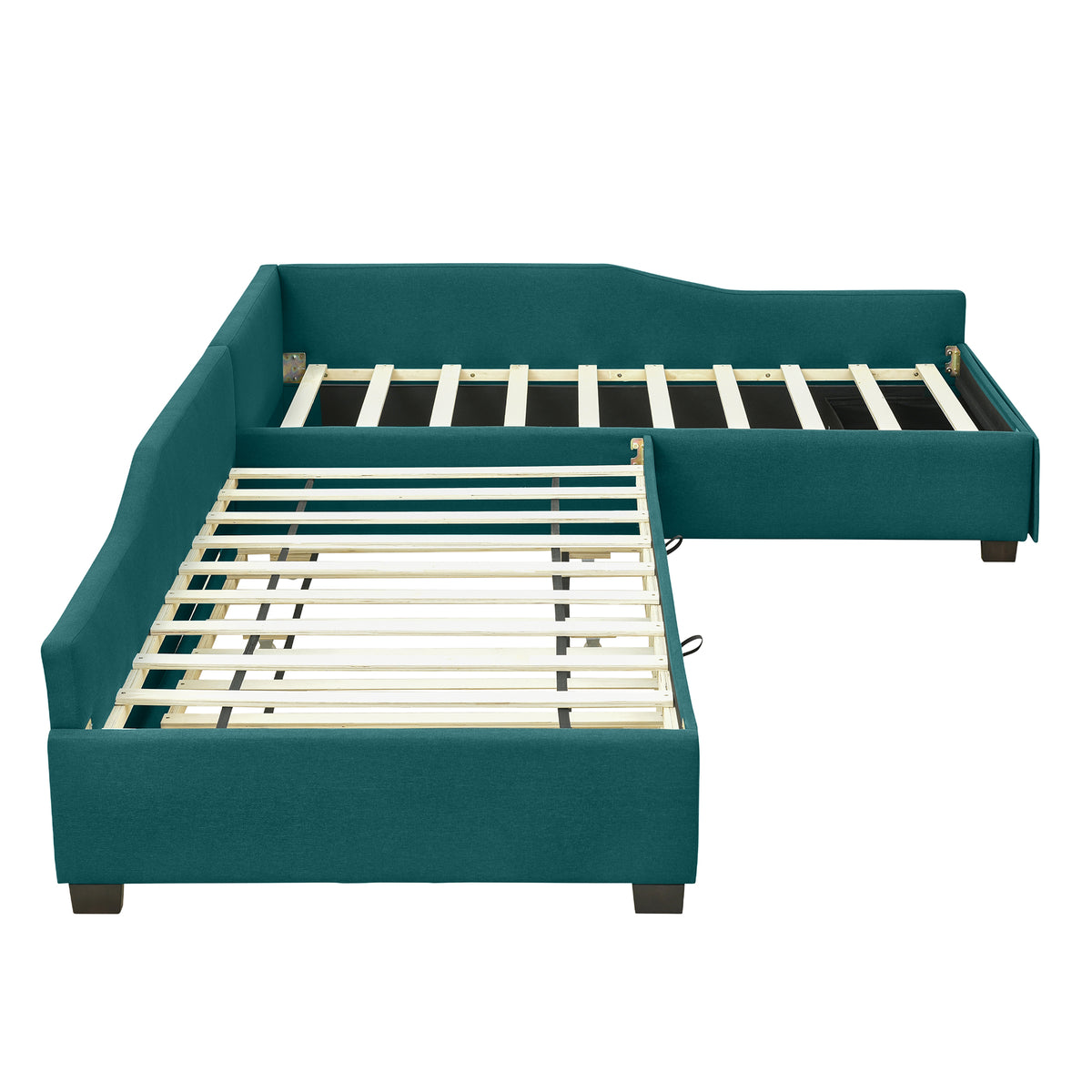Green Upholstered Double Twin Daybed with Trundle and Drawer, Plywood Frame, Linen-Blend Fabric, 120''L x 78.5''W