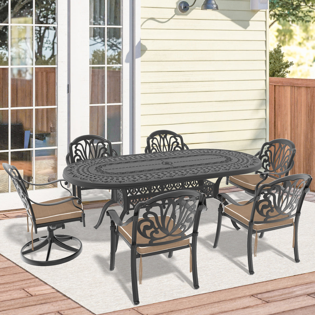 7-Piece All-Weather Cast Aluminum Dining Set, Include 2 Swivel Chairs,4 Dining Chairs and Oval Table With Black Frame (same sku:W1710S00391 , W1710S00598)
