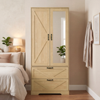2 Door Wood Wardrobe for Bedroom with Hanging Clothing Rod inside the Cabinet and 2 Drawers for Storage Organization, Built-in induction light Multifunctional Closet with Mirror, Natural