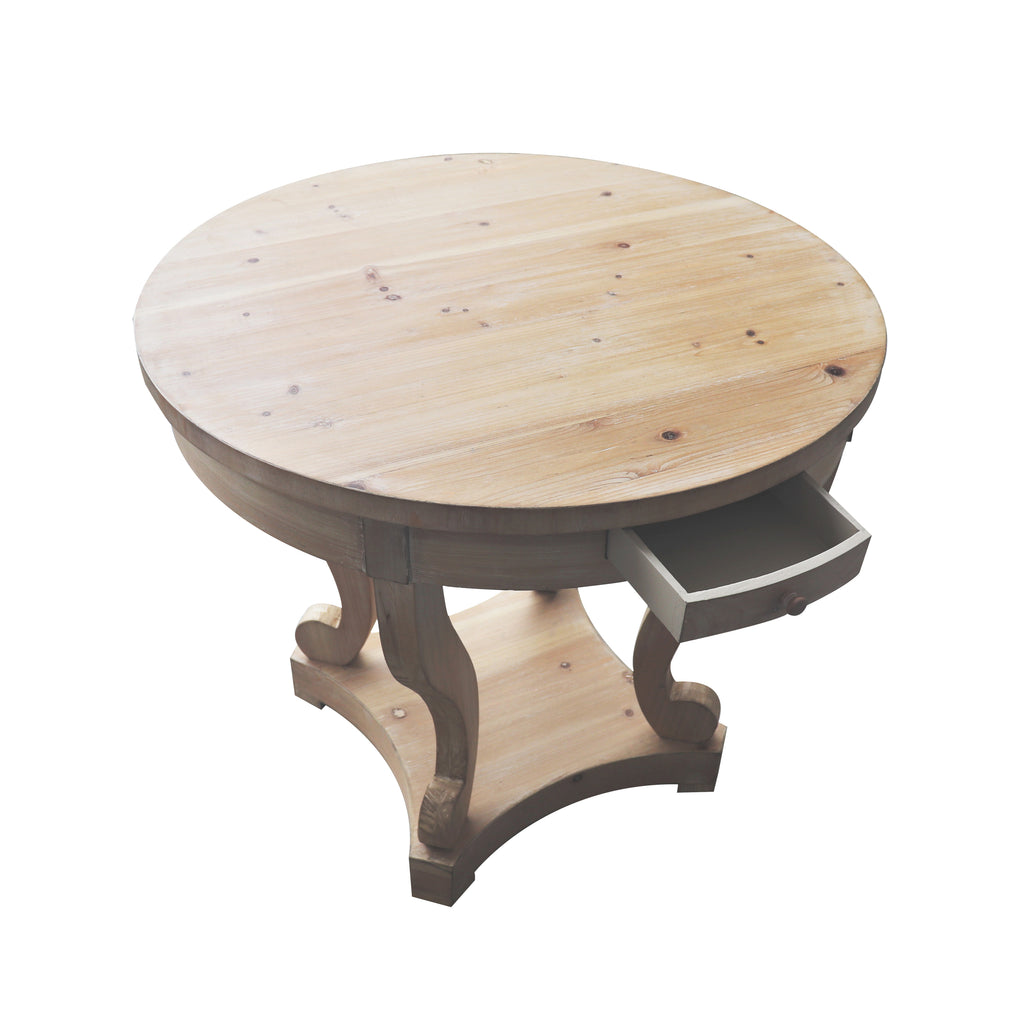 Farmhouse Style Round Dining Table with Curved Legs in Natural Wood Grain, Small Size, Distressed Finish