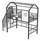 Metal Loft Bed with Roof Design and Storage Box, Twin, Black, Metal Frame with Guardrails and Integrated Ladder