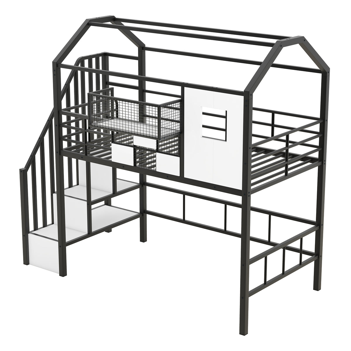 Metal Loft Bed with Roof Design and Storage Box, Twin, Black, Metal Frame with Guardrails and Integrated Ladder