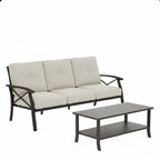 Modern 2-Piece Outdoor Patio Set with 70-Inch 3-Seat Metal Sofa and Rectangular Coffee Table in Light Khaki Frame, Beige Cushions, All-Weather Steel Construction