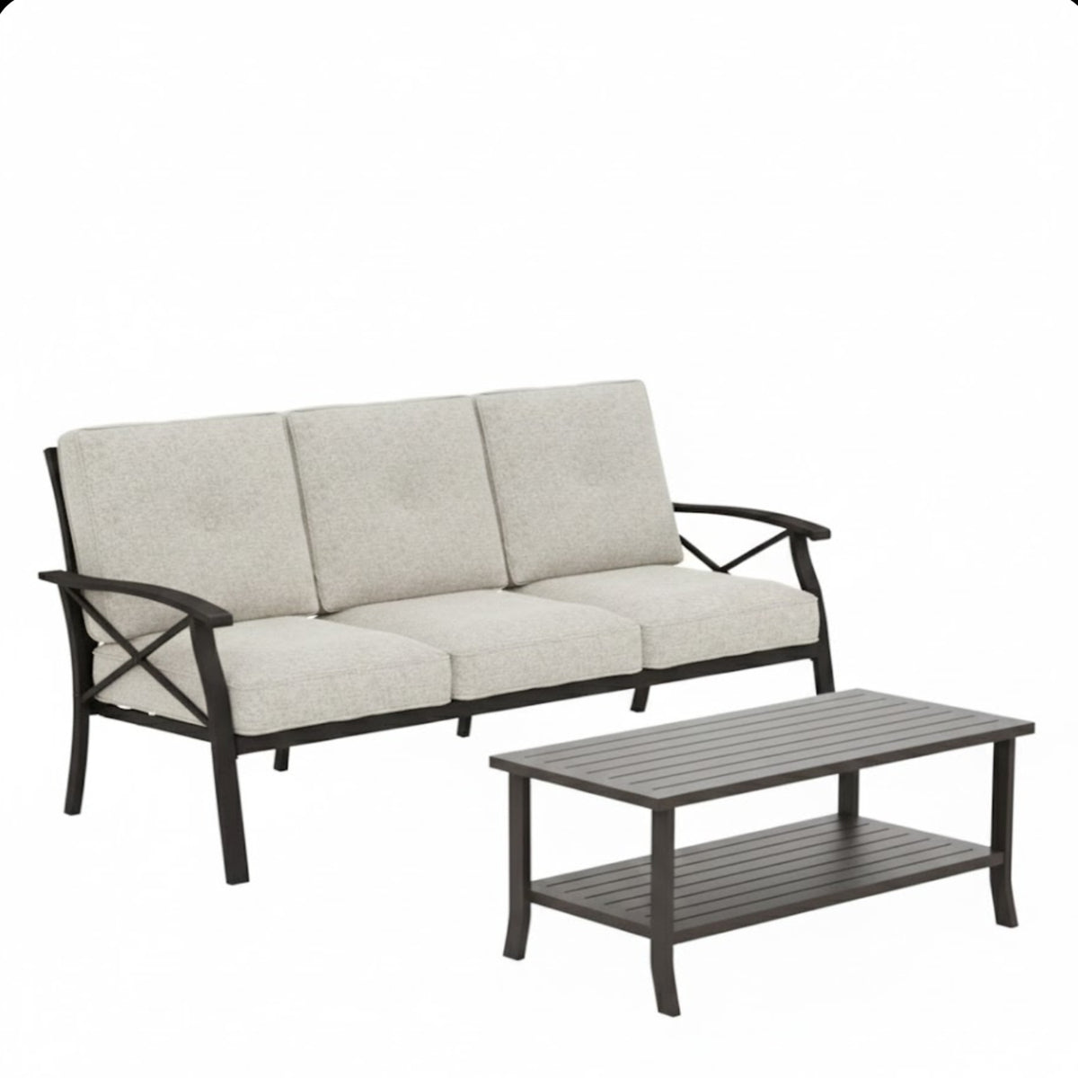 Modern 2-Piece Outdoor Patio Set with 70-Inch 3-Seat Metal Sofa and Rectangular Coffee Table in Light Khaki Frame, Beige Cushions, All-Weather Steel Construction