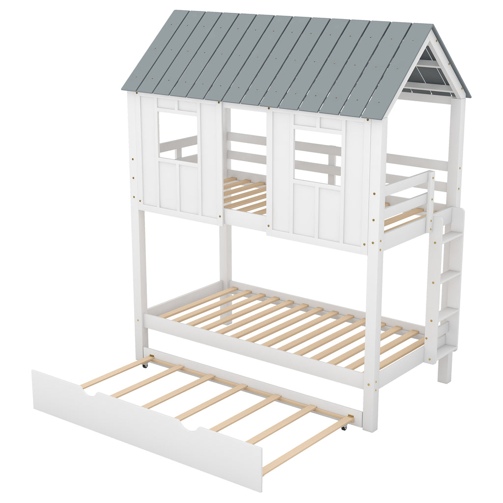 Twin Size House Bunk Bed with Trundle, Roof and Windows in White+Grey, Pine Wood and MDF, 79.6''L x 81.6''W x 91.8''H
