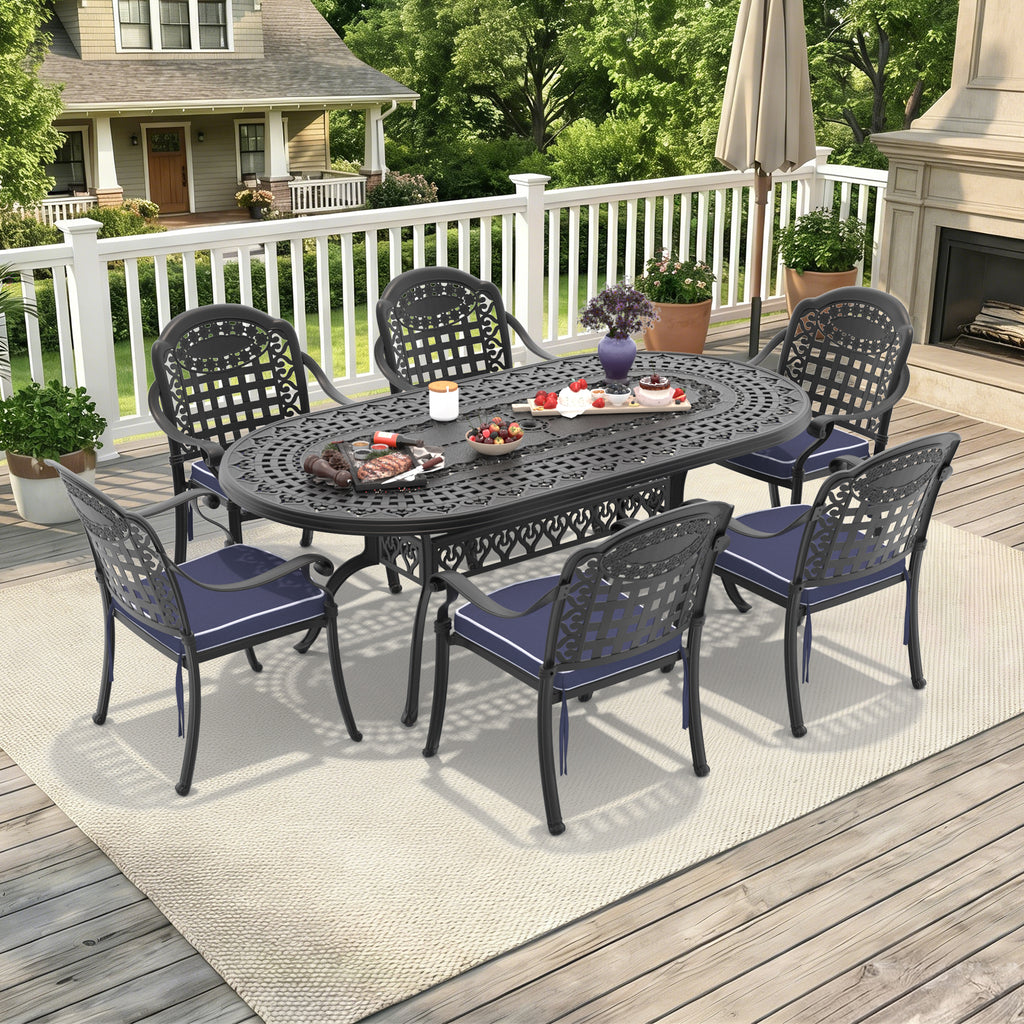 7-Piece Set Of Cast Aluminum Patio Furniture With Blue Cushions (same as:W1710S00497,W1710S00596 ,W1710S00105,W1710S00033)