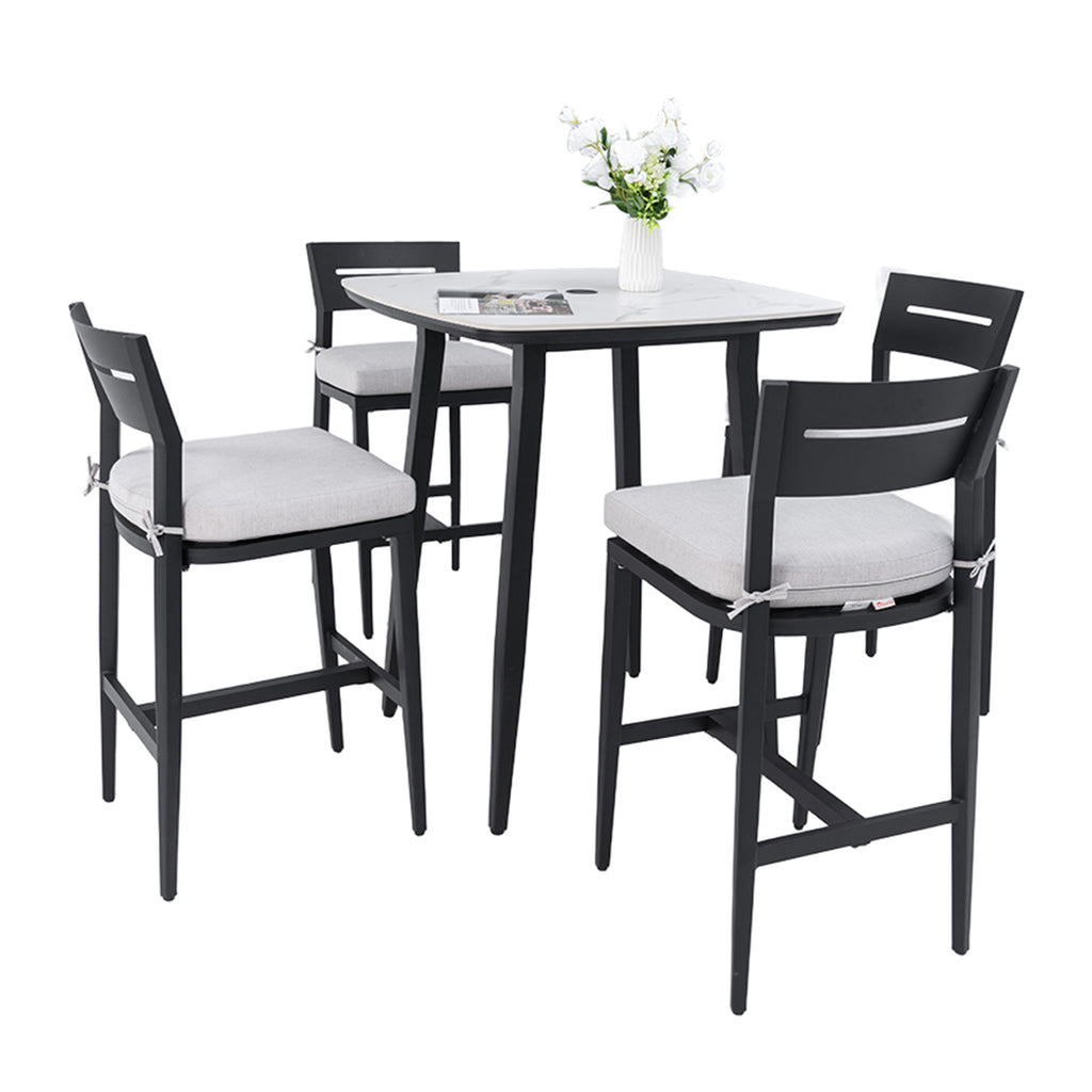 Modern 5-Piece Outdoor Bar Set, 35.4 Inch Sintered Stone Table with Greek White Marble-Inspired Top & 4 Aluminum Bar Stools, Ember Black, Sunbrella Cushions, Weather-Resistant