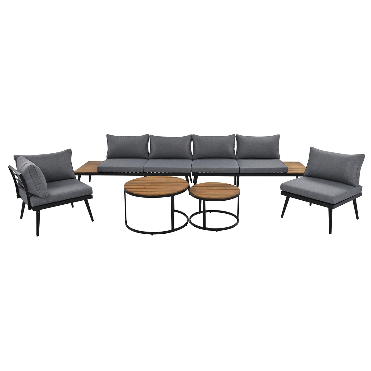 TREXM Modern Outdoor Sectional Sofa Set with Nesting Coffee Tables, Grey Fabric Upholstery and Acacia Wood Frames for Patio, Porch, Garden