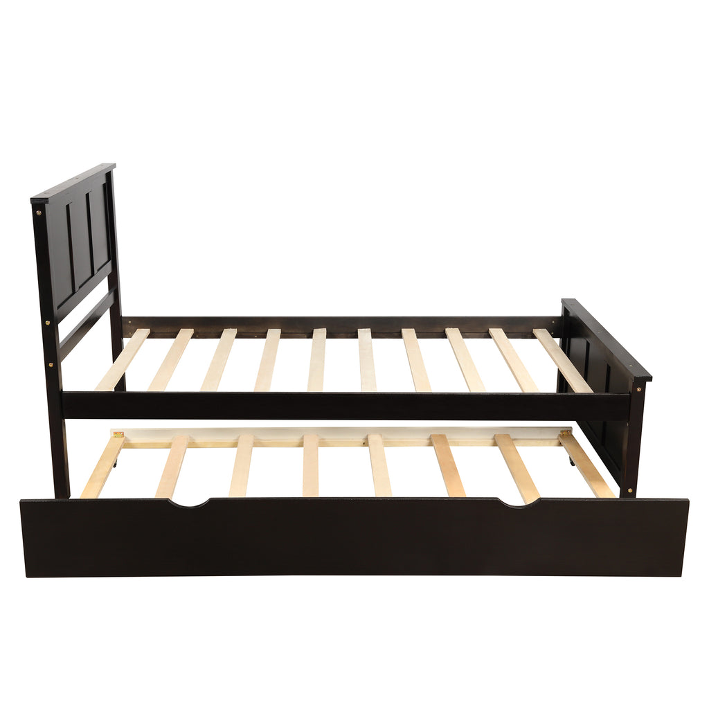Espresso Platform Bed with Twin Trundle, Solid Pine and MDF Frame, Twin Size, 78.98''L x 42.7''W x 41.3''H