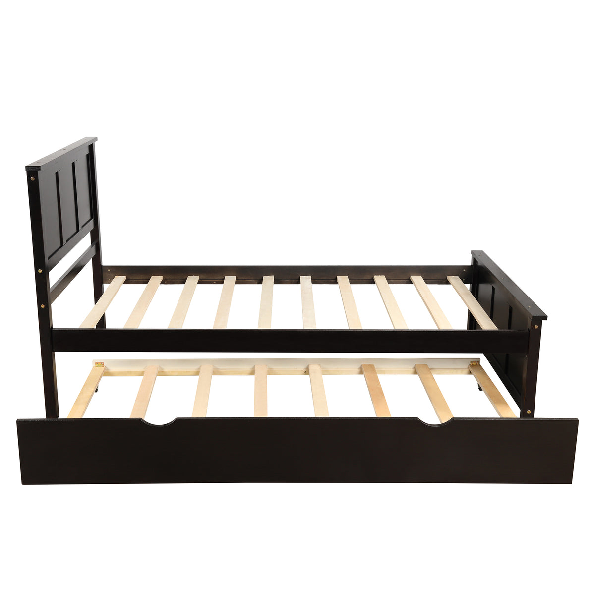 Espresso Platform Bed with Twin Trundle, Solid Pine and MDF Frame, Twin Size, 78.98''L x 42.7''W x 41.3''H