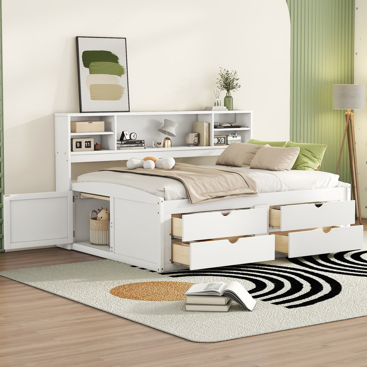 Full Size Wood Daybed with 2 Bedside Cabinets, Upper Shelves and 4 Drawers, White