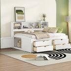 Full Size Wood Daybed with 2 Bedside Cabinets, Upper Shelves and 4 Drawers, White