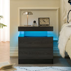 Nightstand LED Bedside Table Cabinet Lights Modern End Side with 2 Drawers for Bedroom (Black Woodgrain)