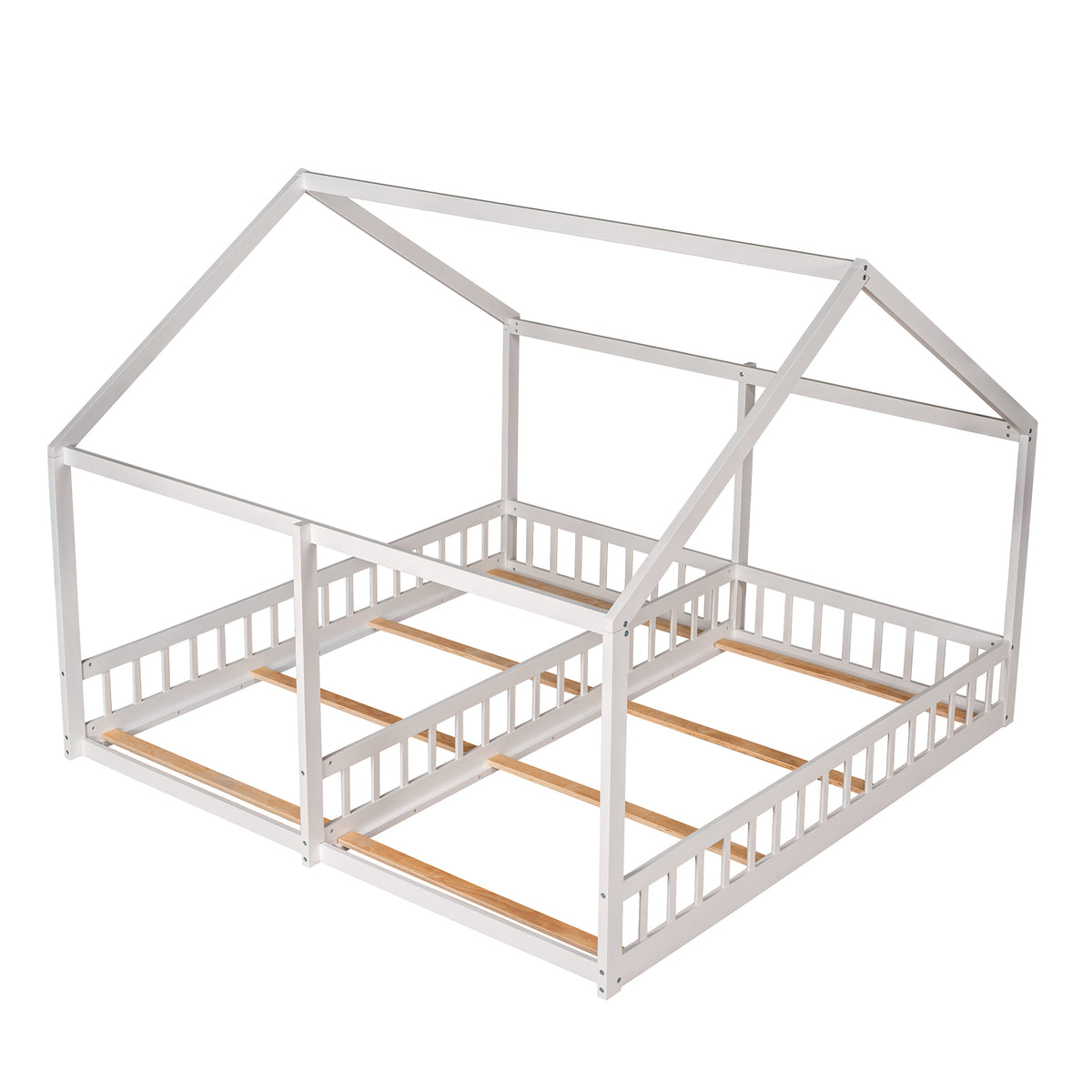 White Twin Size House Platform Beds, 2 in 1 Shared Design with Guardrails, Pine Wood and MDF Construction, 81.3''L x 80.1''W x 67.1''H