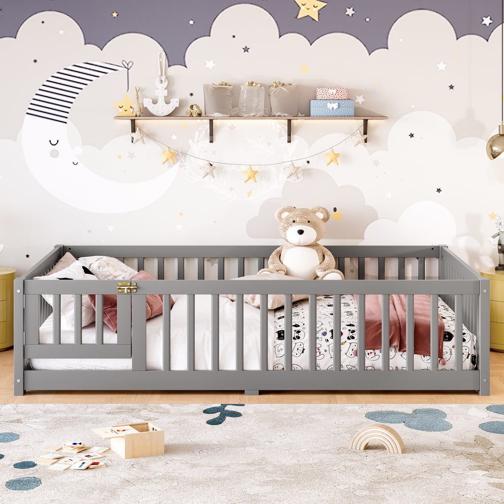 Full Size Bed Floor Bed with Safety Guardrails and Door for Kids, Gray(Old SKU: W1580P154626)