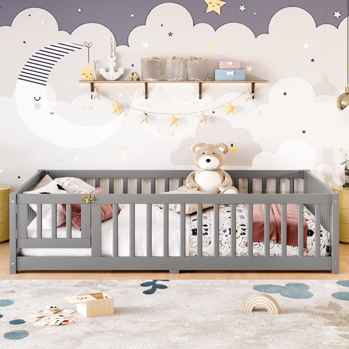 Full Size Bed Floor Bed with Safety Guardrails and Door for Kids, Gray(Old SKU: W1580P154626)