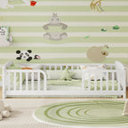 Twin Size Floor Fence Bed with Central Entrance,Pine Wood Floor bed with Guardrails,White