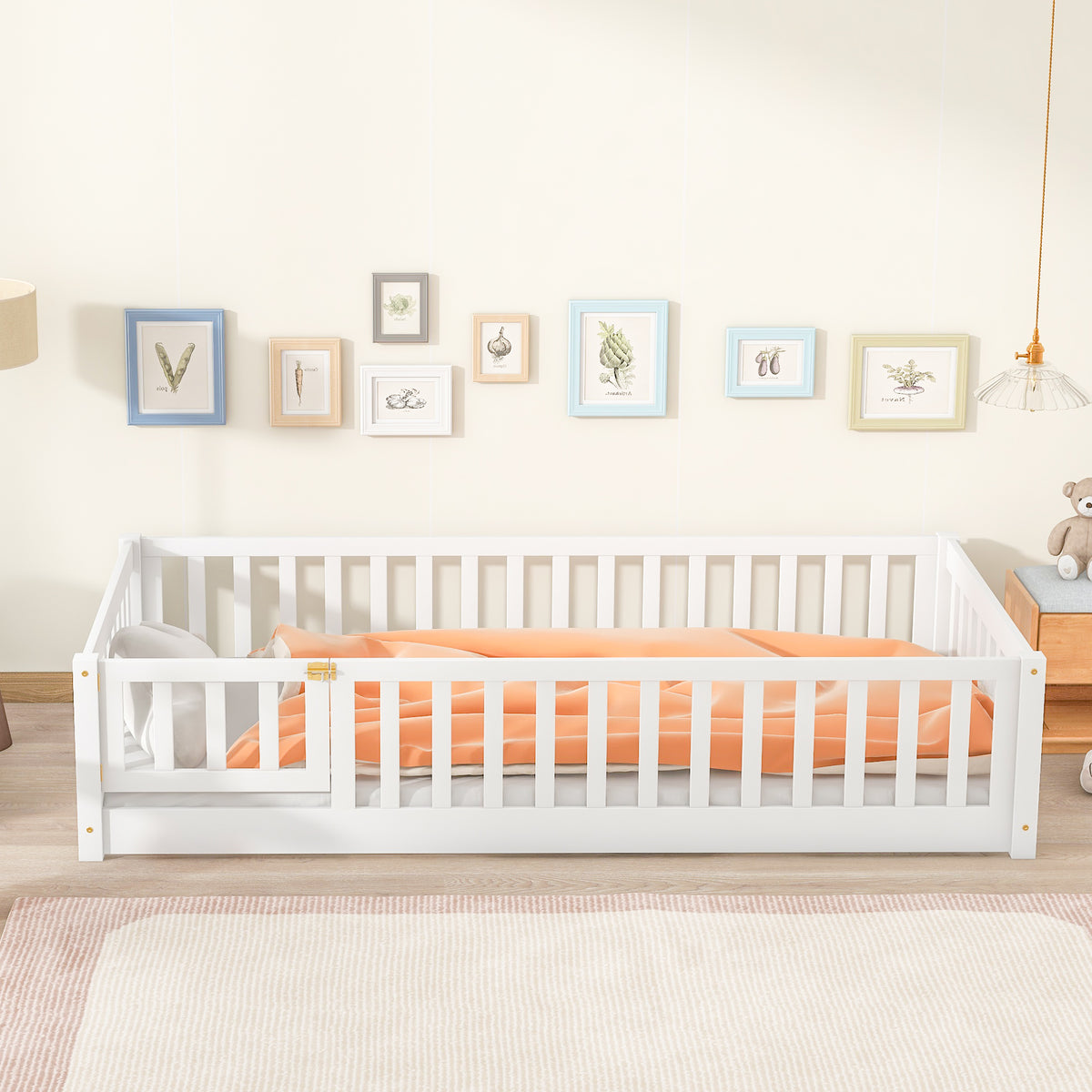 Twin Size Floor Bed with Fence and Door,Rubber Wood Floor Bed with Safety Guardrails,White