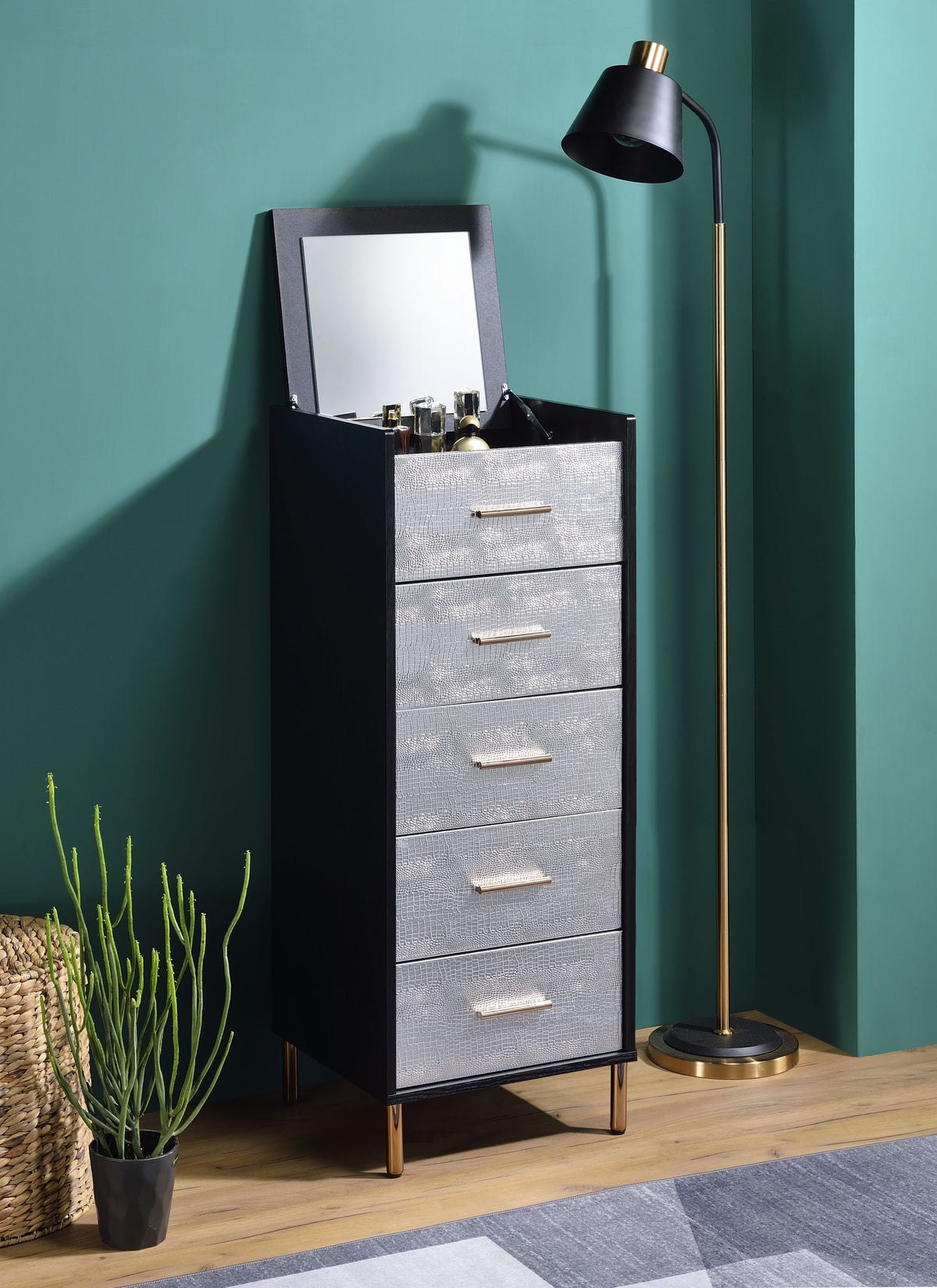 Myles Black, Silver & Gold Finish Jewelry Armoire