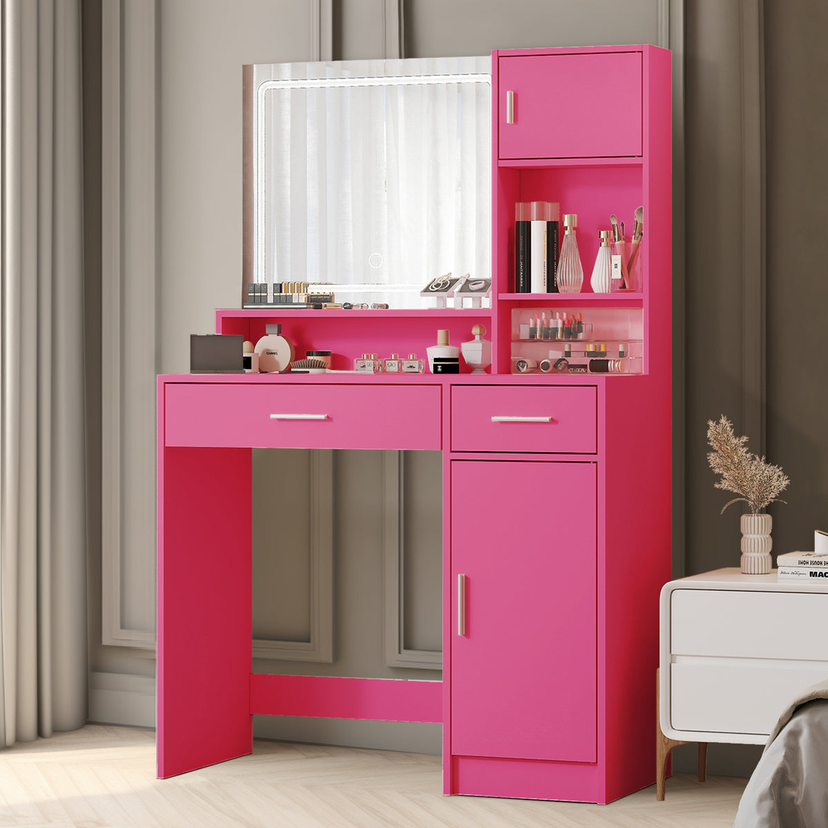 Vanity Desk with Mirror and LED Light Strip,Dressing Table with Large Drawer, 3 Level Storage Dresser & 3 Lighting Modes Adjustable Brightness, Suitable for Bedroom(Rose Pink)