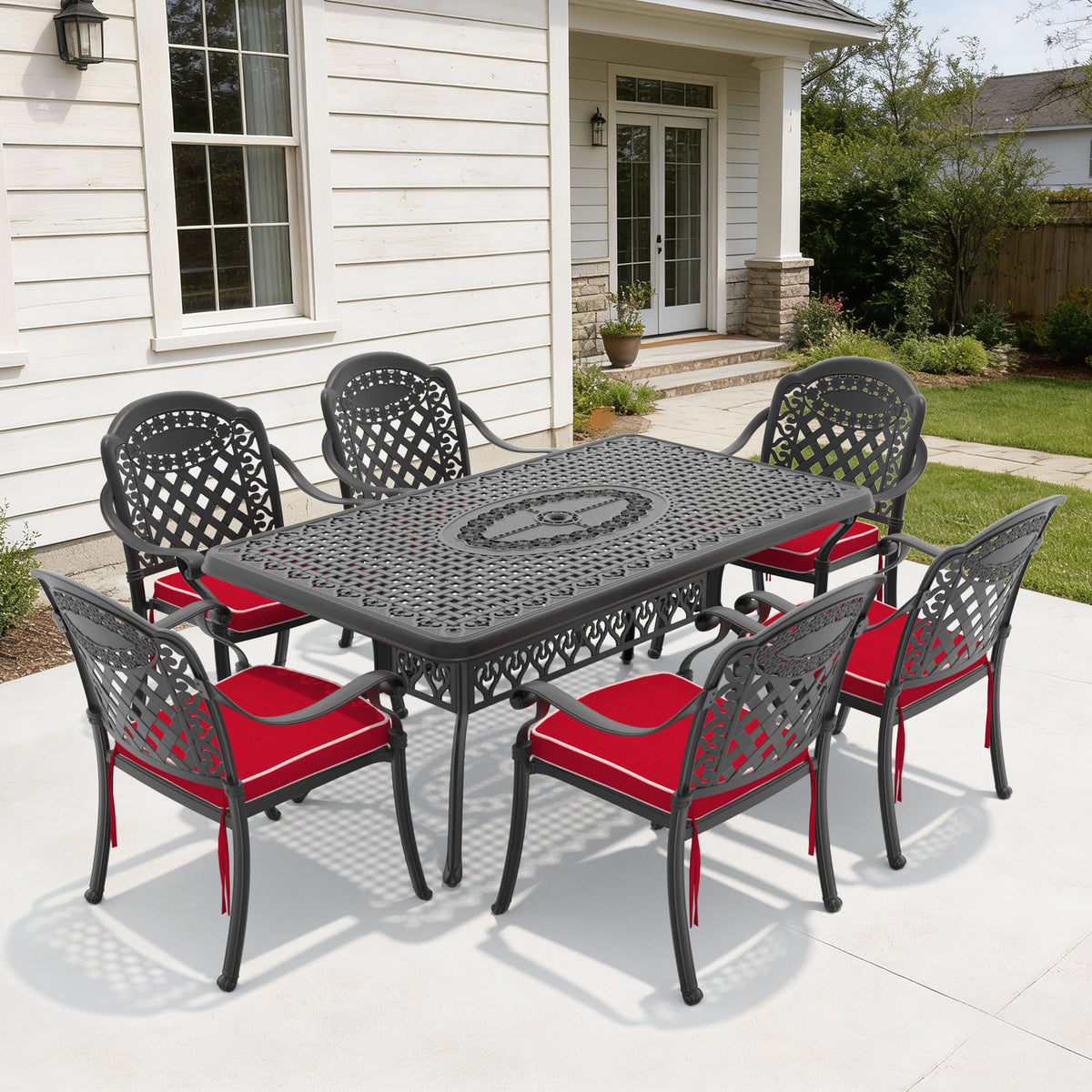 7-Piece Set Of Cast Aluminum Patio Furniture With Black Frame and Red Cushions